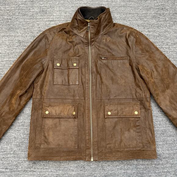 Johnston & Murphy Leather Jacket Men Large Brown Pockets Full Zip Field Bomber - Picture 1 of 11